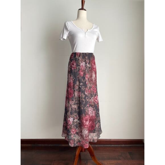 90s VTG Fairy Grunge Whimsigoth 2-pc Maxi Skirt Set 8 Pink Floral Asymmetric - Picture 2 of 16